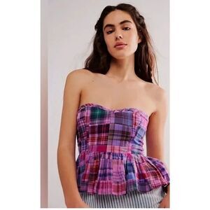 Free People Women's Madeira Corset Plaid Strapless Cotton Pink Purple Size Mediu